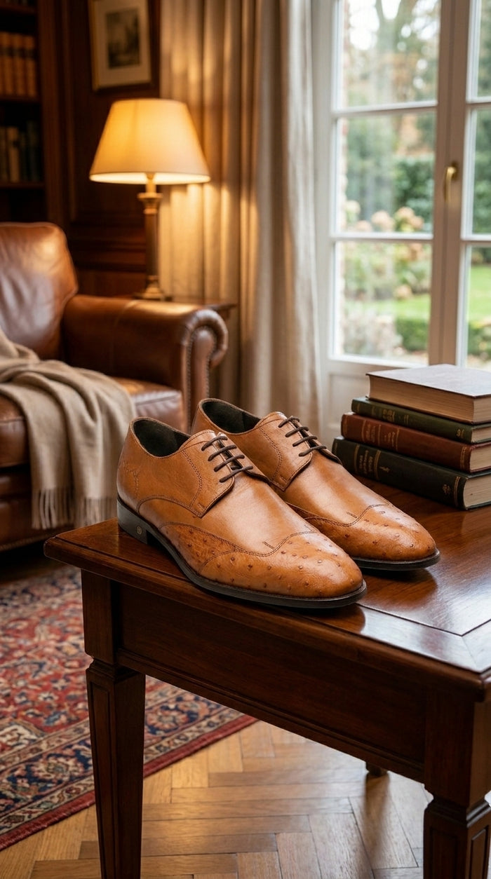 Men’s Cognac Vestigium Genuine Ostrich Derby Shoes, Handcrafted Full Leather Dress Shoes