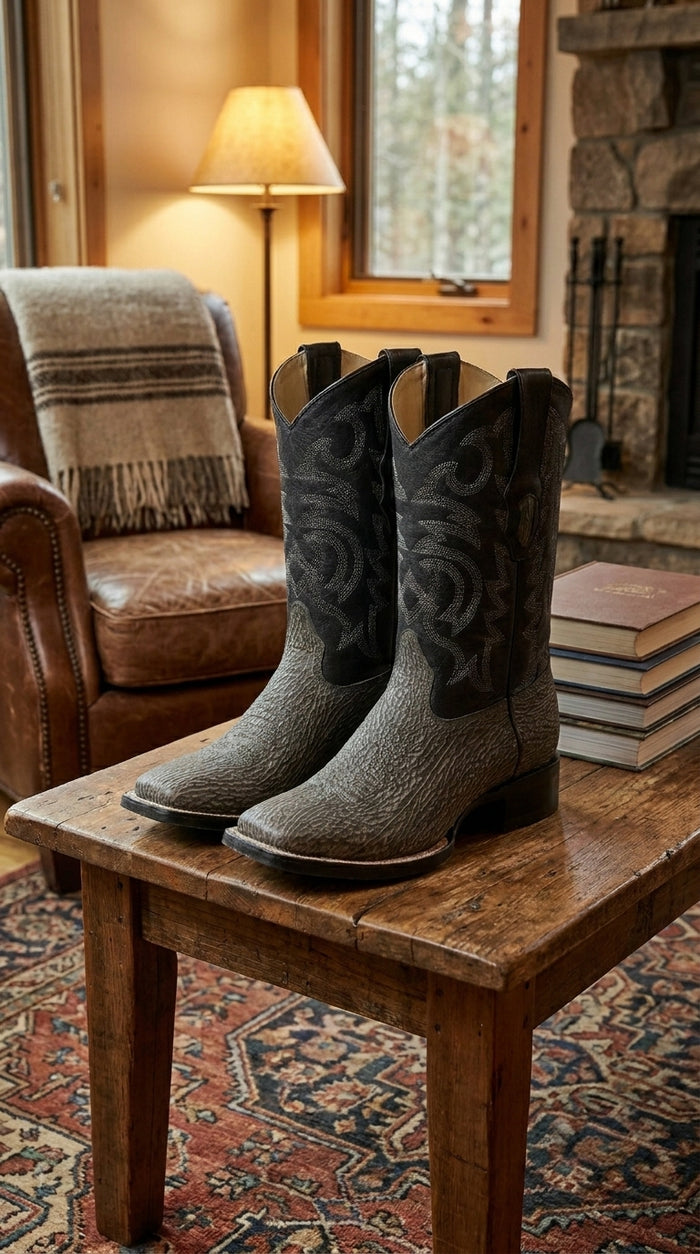Men’s Los Altos Grey and Black Shark Skin Wide Square Toe Cowboy Boots, Exotic Western Dress Boots