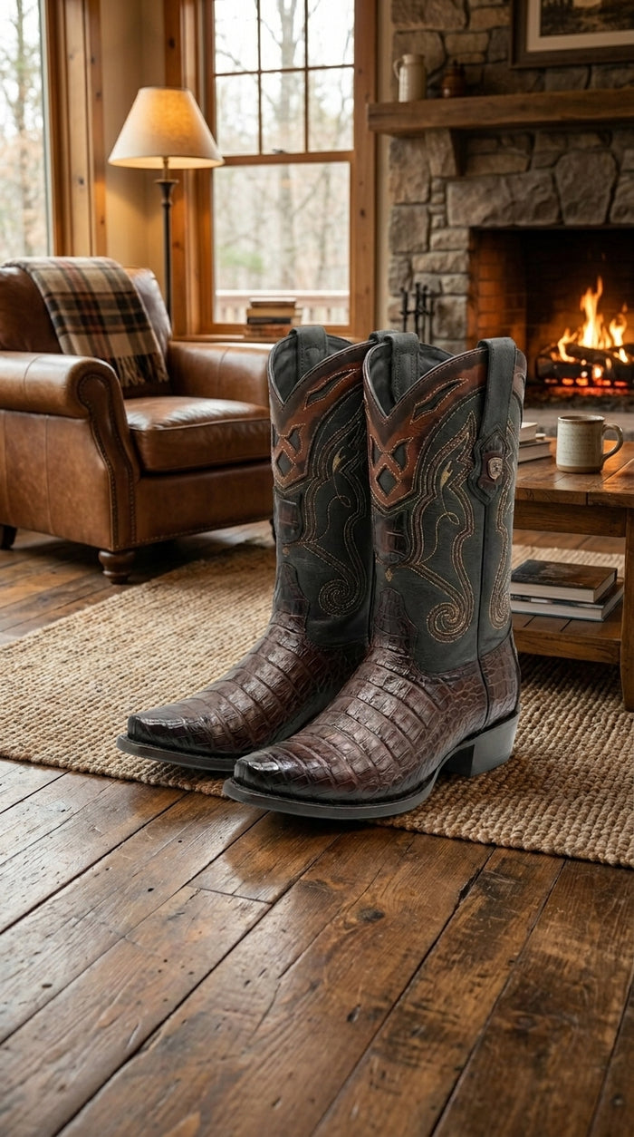 Men’s Brown Caiman Snip Toe Cowboy Boots with Embroidered Shaft, Exotic Western Dress Boots
