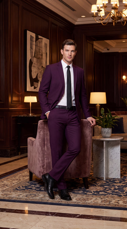 Men's Plum Purple Slim Fit 2-Piece Suit – Modern 2-Button Notch Lapel Wedding, Prom & Formal Dress Suit