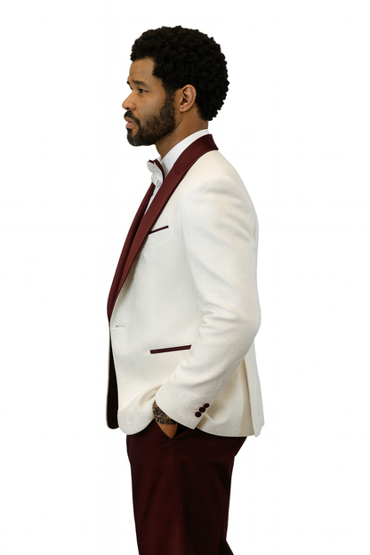 Hilton White and Burgundy Paisley Peak Lapel Tuxedo Jacket with Matching Shawl Vest and Wool Pants – Includes Bow Tie