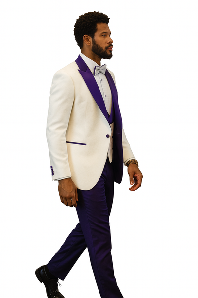 Hilton White and Purple Paisley Peak Lapel Tuxedo Jacket with Matching Shawl Vest and Wool Pants – Includes Bow Tie 8   - from alligatorwarehouse.com