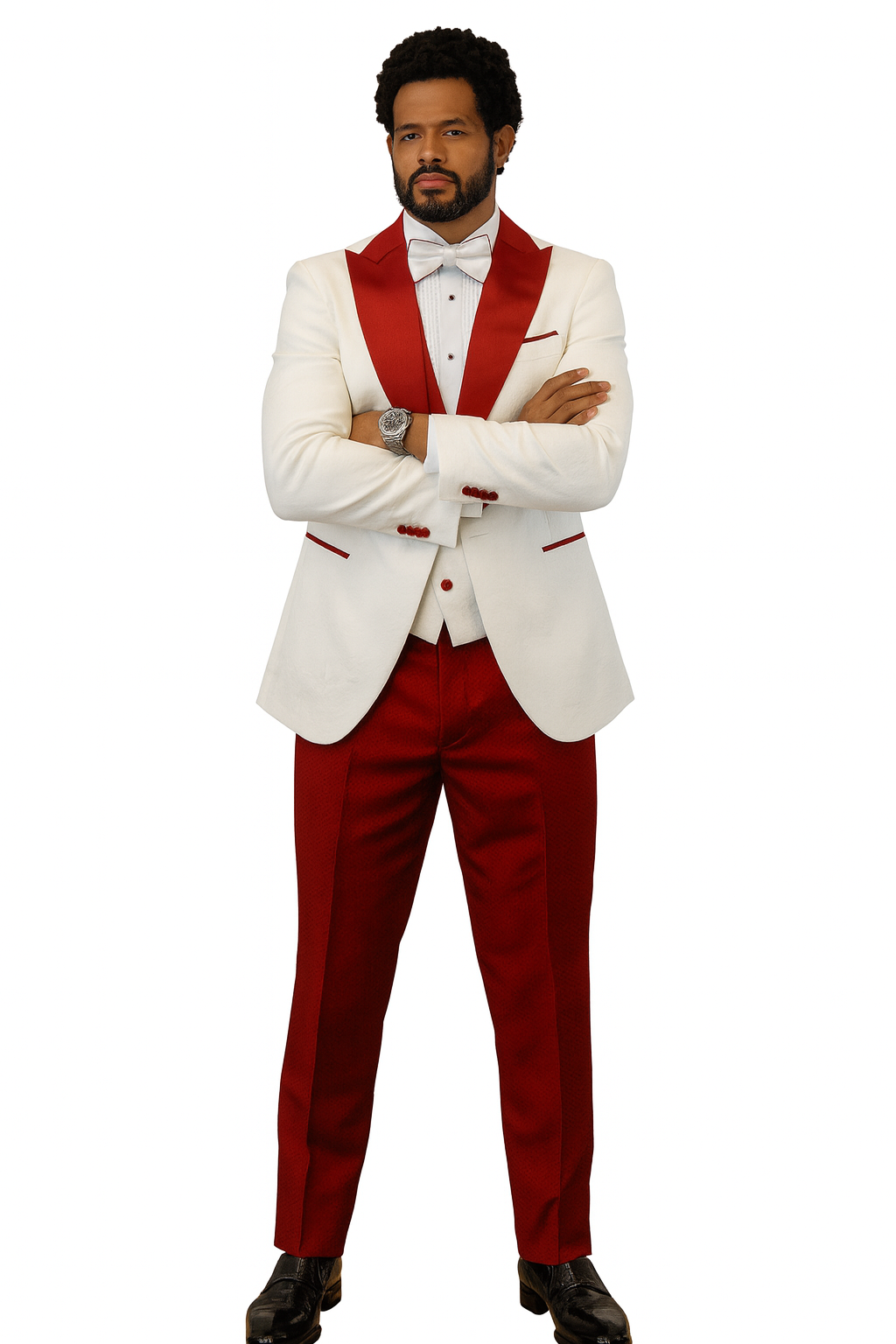 Hilton White and Red Paisley Peak Lapel Tuxedo Jacket with Matching Shawl Vest and Wool Pants – Includes Bow Tie