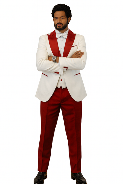 Hilton White and Red Paisley Peak Lapel Tuxedo Jacket with Matching Shawl Vest and Wool Pants – Includes Bow Tie 8   - from alligatorwarehouse.com