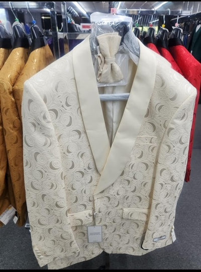 Paisley Tuxedo Dinner Jacket - Ivory - Cream - Off White Mens Blazer + Bowtie - Prom Jackets 1   - from alligatorwarehouse.com