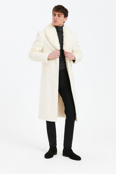 Mens Ivory Full-Length Overcoat with Luxurious Faux Fur Shawl Collar – Cream Winter Dress Coat Off White Color 1   - from alligatorwarehouse.com
