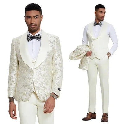 2024 Ivory Shiny Floral Mens 3pc Suit by Tazzio 1   - from alligatorwarehouse.com