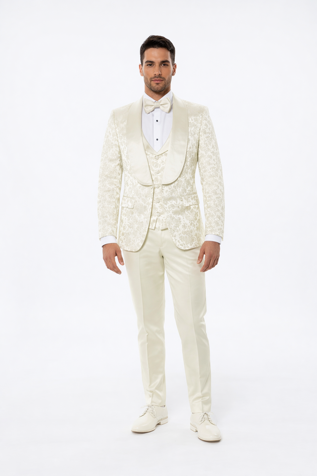 Ivory Floral Tuxedo Suit – Wide Shawl Lapel for Weddings