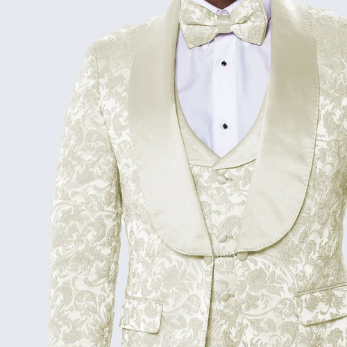 Ivory Floral Tuxedo Suit – Wide Shawl Lapel for Weddings