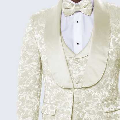 Ivory Floral Tuxedo Suit – Wide Shawl Lapel for Weddings