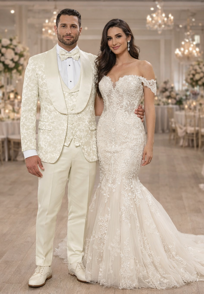 Ivory Floral Tuxedo Suit – Wide Shawl Lapel for Weddings