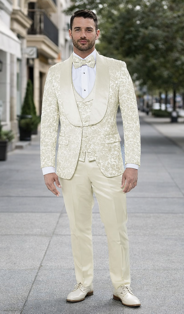 Ivory Floral Tuxedo Suit – Wide Shawl Lapel for Weddings