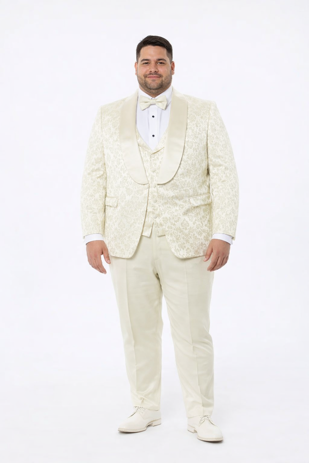 Ivory Floral Tuxedo Suit – Wide Shawl Lapel for Weddings
