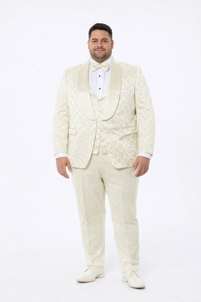 Ivory Floral Tuxedo Suit – Wide Shawl Lapel for Weddings