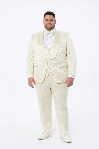 Ivory Floral Tuxedo Suit – Wide Shawl Lapel for Weddings
