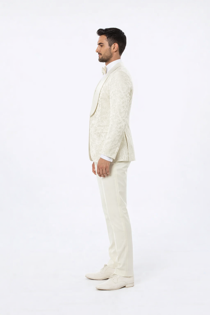 Ivory Floral Tuxedo Suit – Wide Shawl Lapel for Weddings