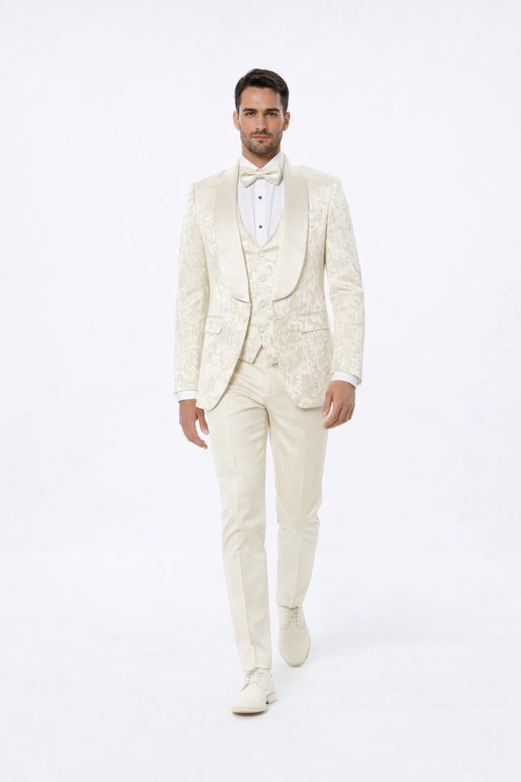 Ivory Floral Tuxedo Suit – Wide Shawl Lapel for Weddings