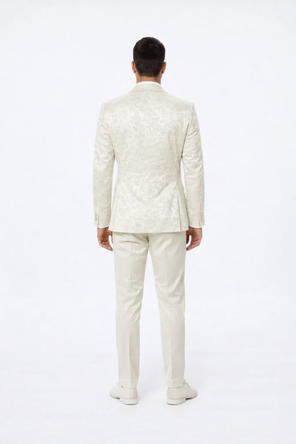 Ivory Floral Tuxedo Suit – Wide Shawl Lapel for Weddings