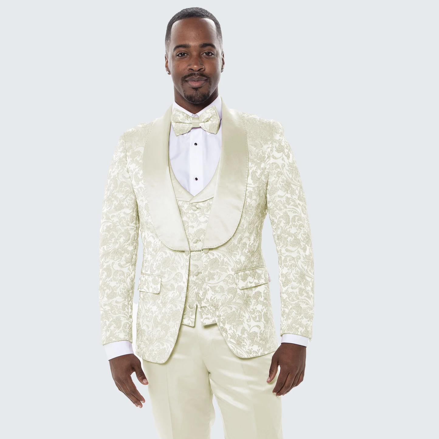 Ivory Floral Tuxedo Suit – Wide Shawl Lapel for Weddings