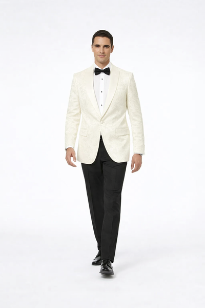 Designer Ivory Paisley Tuxedo Jacket with Shawl Lapel – Groom, Wedding & Prom Style