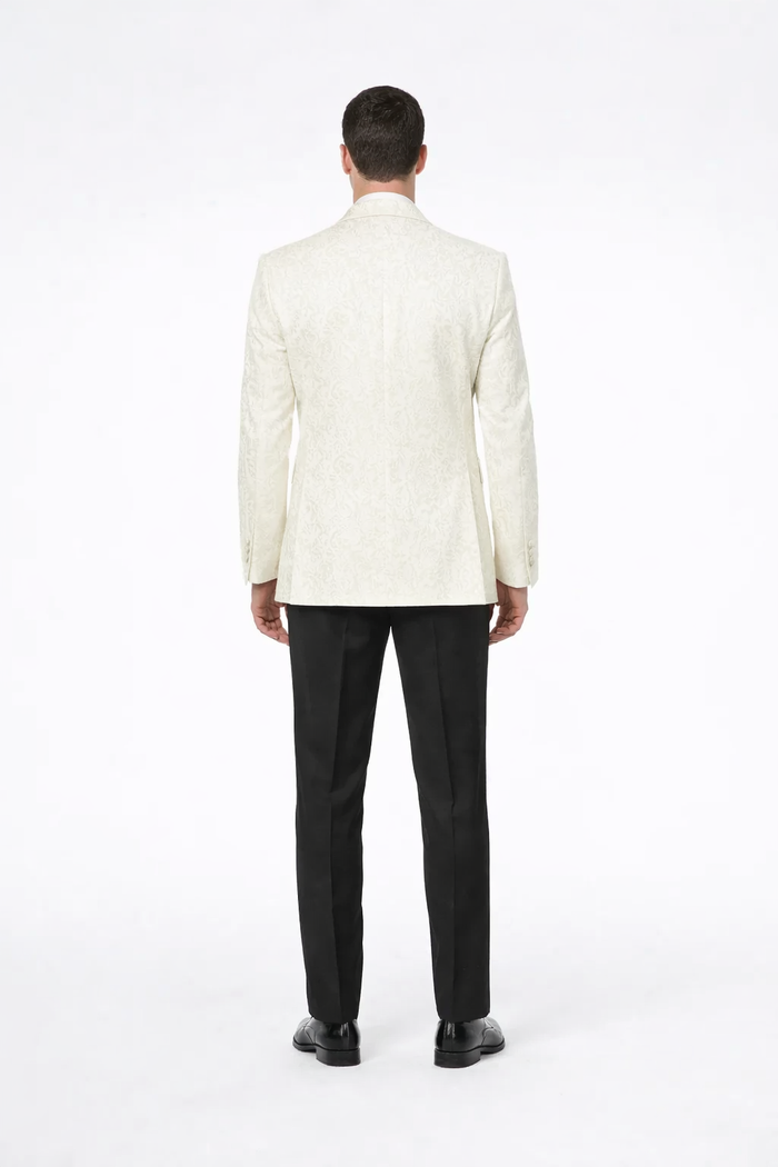 Designer Ivory Paisley Tuxedo Jacket with Shawl Lapel – Groom, Wedding & Prom Style