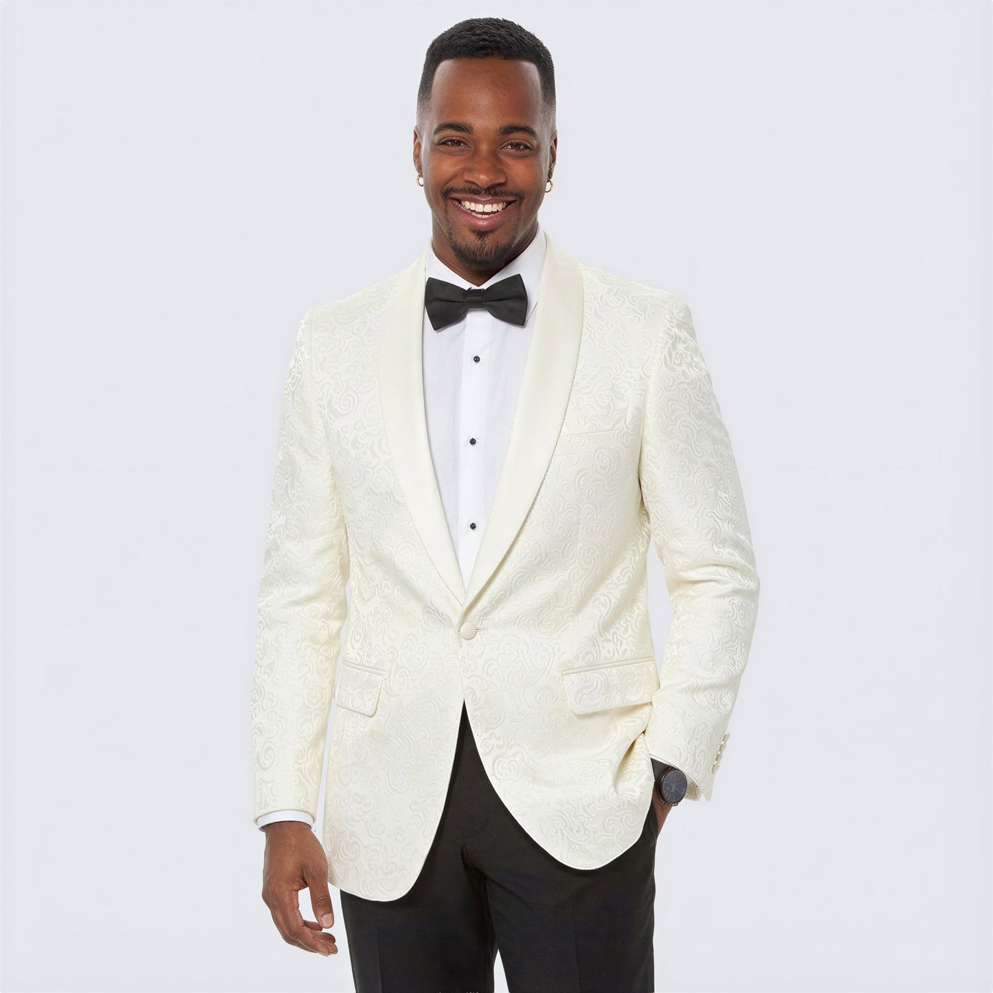 Designer Ivory Paisley Tuxedo Jacket with Shawl Lapel – Groom, Wedding & Prom Style