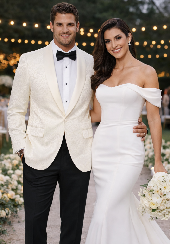 Designer Ivory Paisley Tuxedo Jacket with Shawl Lapel – Groom, Wedding & Prom Style
