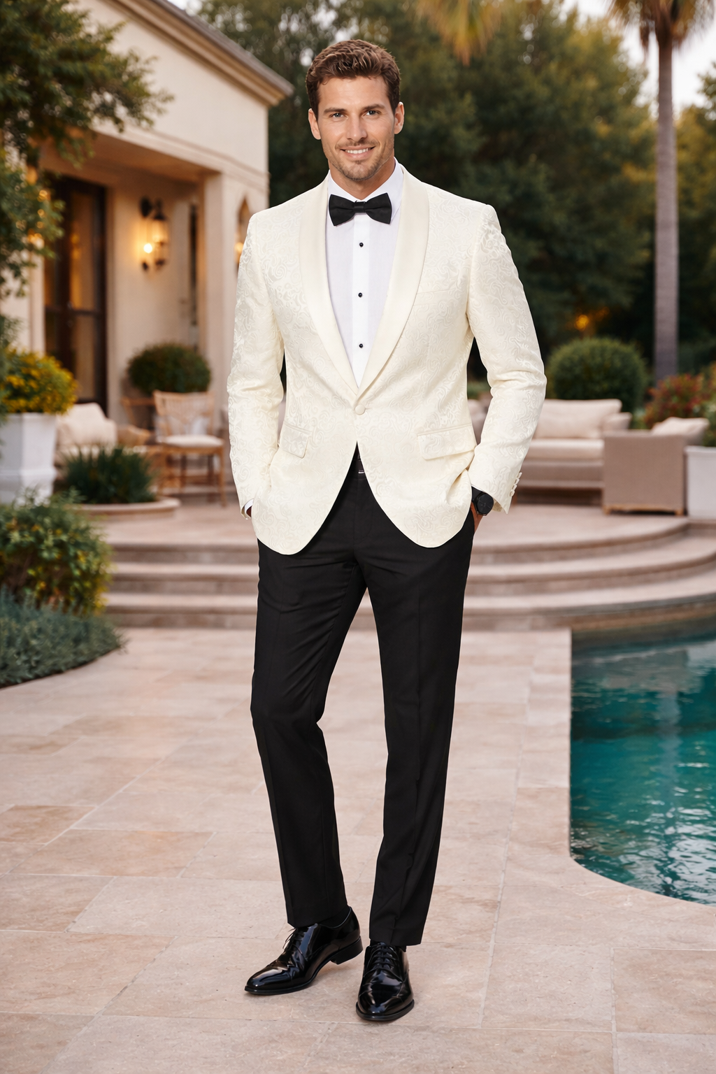 Designer Ivory Paisley Tuxedo Jacket with Shawl Lapel – Groom, Wedding & Prom Style