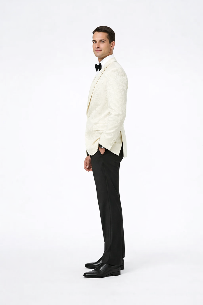 Designer Ivory Paisley Tuxedo Jacket with Shawl Lapel – Groom, Wedding & Prom Style