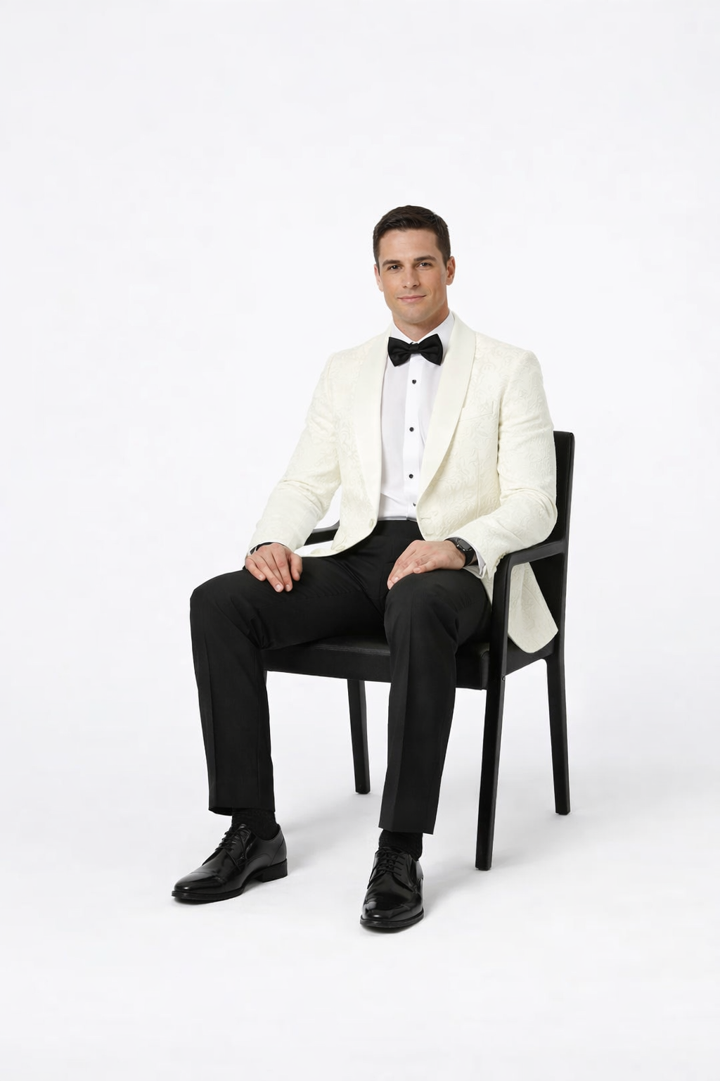 Designer Ivory Paisley Tuxedo Jacket with Shawl Lapel – Groom, Wedding & Prom Style