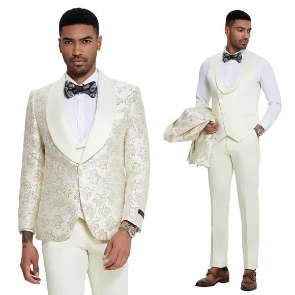 2024 Ivory Shiny Floral Mens 3pc Suit by Tazzio