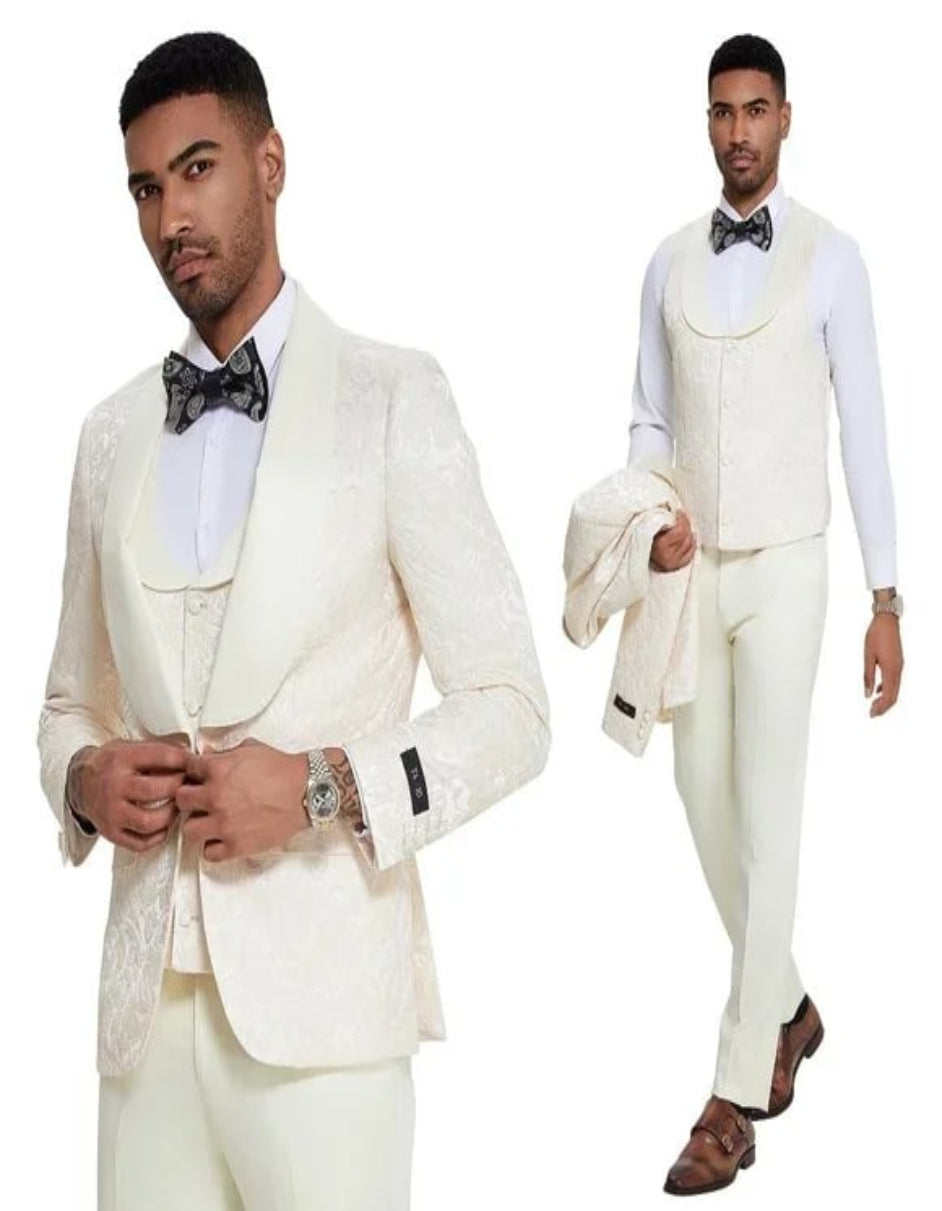 2026 Ivory Paisley 3pc Men's Suit Tuxedo by Tazzio