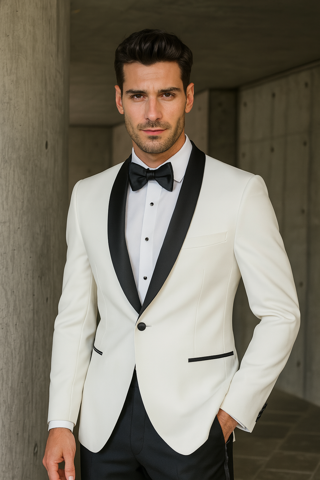 Mens Designer Ivory & Black Traditional Shawl Dinner Jacket