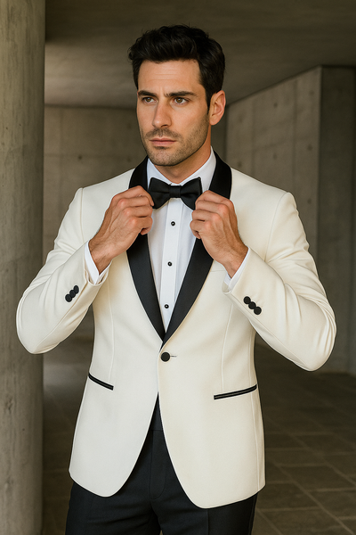 Mens Designer Ivory & Black Traditional Shawl Dinner Jacket 3   - from alligatorwarehouse.com