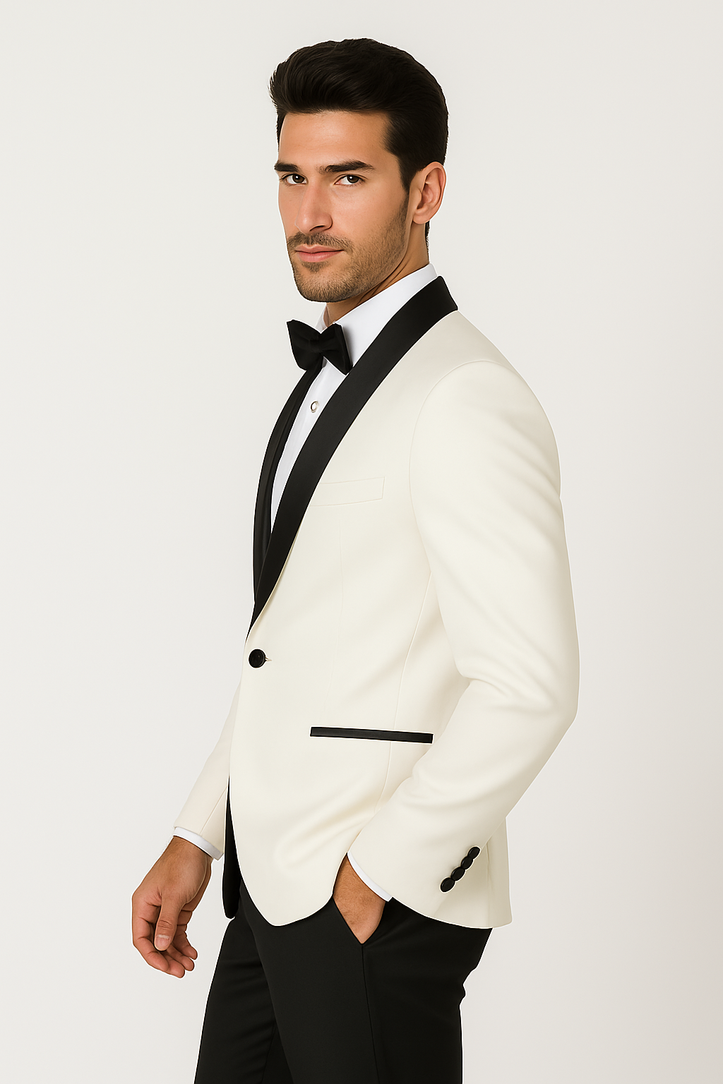 Mens Designer Ivory & Black Traditional Shawl Dinner Jacket