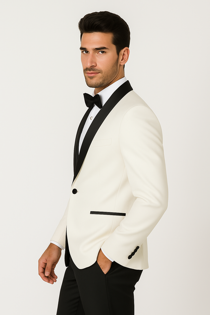 Mens Designer Ivory & Black Traditional Shawl Dinner Jacket