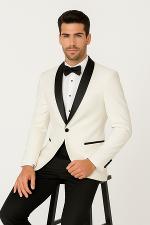 Mens Designer Ivory & Black Traditional Shawl Dinner Jacket