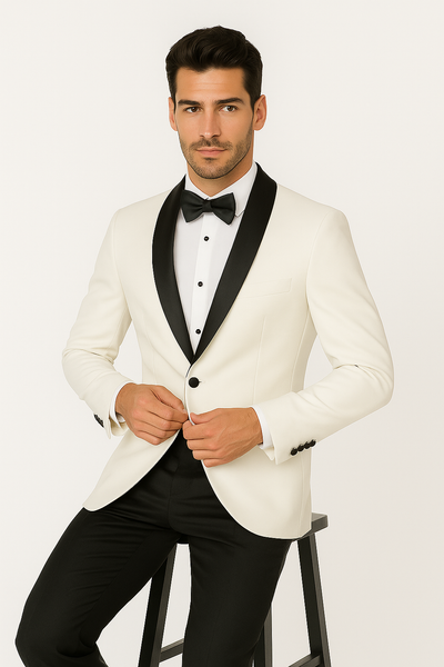 Mens Designer Ivory & Black Traditional Shawl Dinner Jacket 6   - from alligatorwarehouse.com