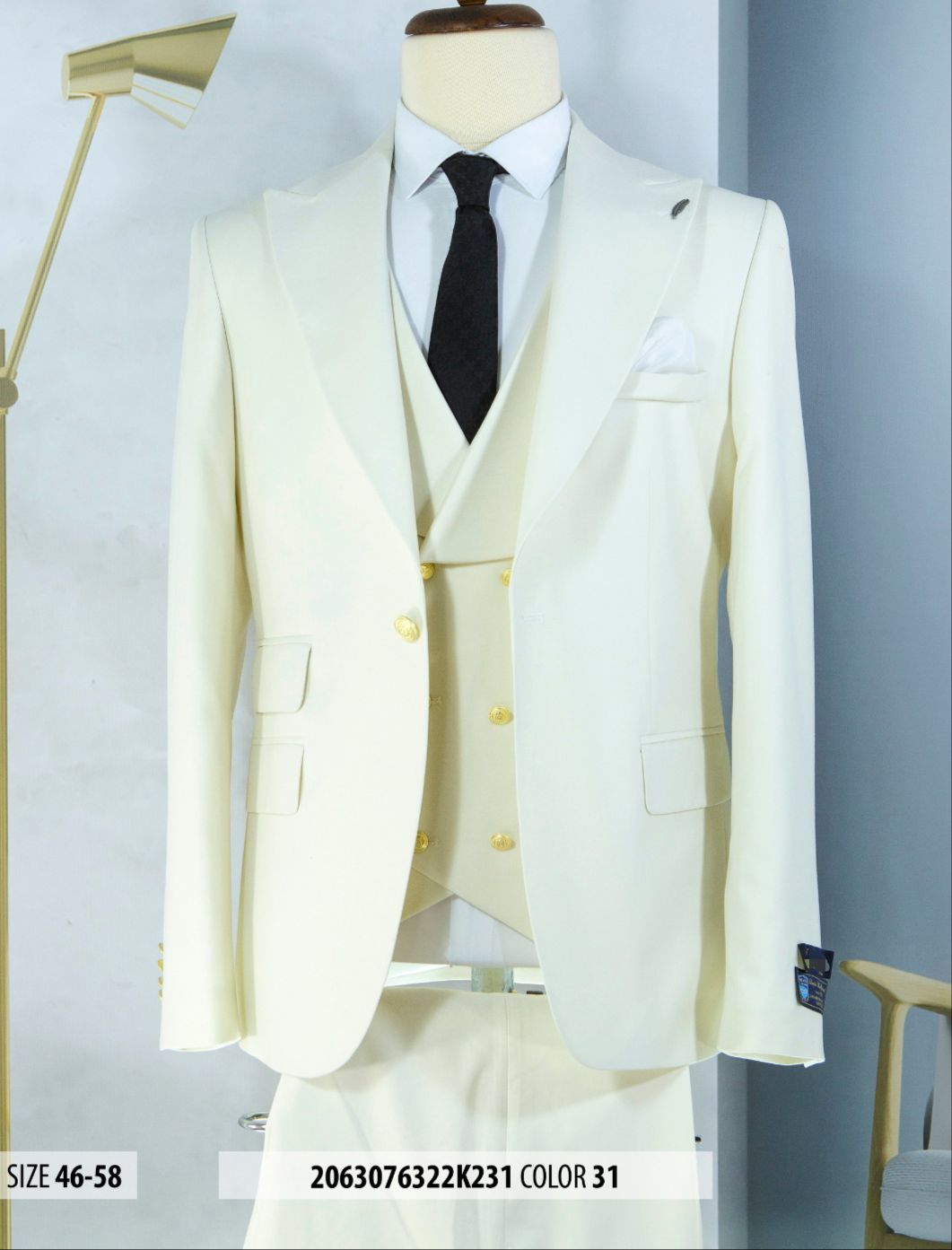 Ivory and Gold Button Wedding Suit - Off White Cream Peak Lapel with Double breasted Vest