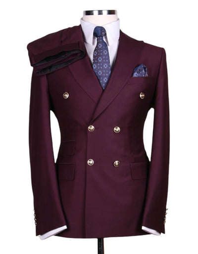 Mens Designer Modern Fit Double Breasted Wool Suit with Gold Buttons in Burgundy 1 JG-2434  - from alligatorwarehouse.com