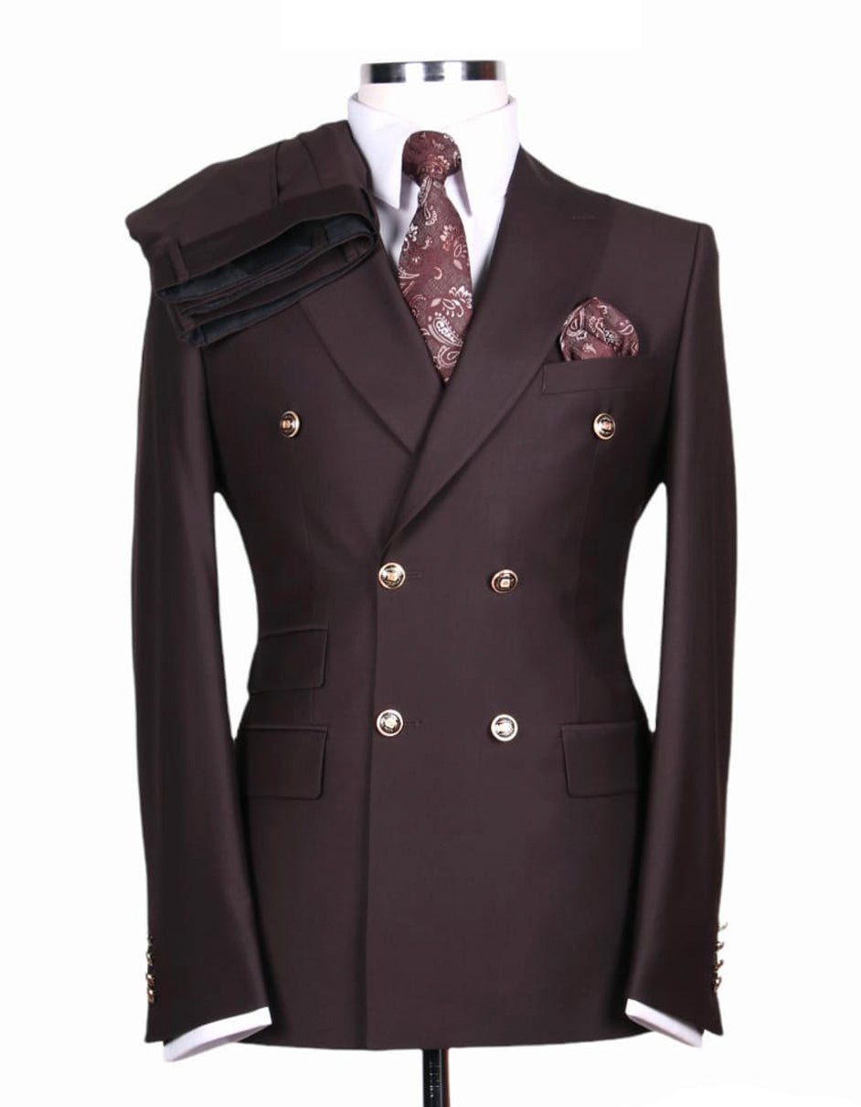 Mens Designer Modern Fit Double Breasted Wool Suit with Gold Buttons in Brown 1 AH-8482  - from alligatorwarehouse.com