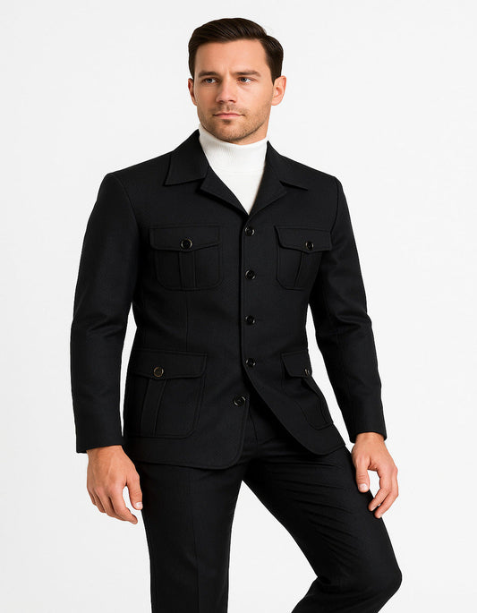 Black Safari Walking Suit for Men – Rossiman Utility Jacket and Trousers Set