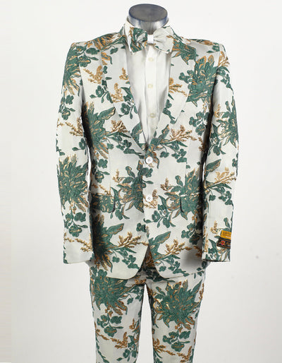 Mens 2 Button Hunter Green & White Floral Paisley Prom and Wedding Tuxedo 1 Jennifer-Green-Suit-XS  - from alligatorwarehouse.com