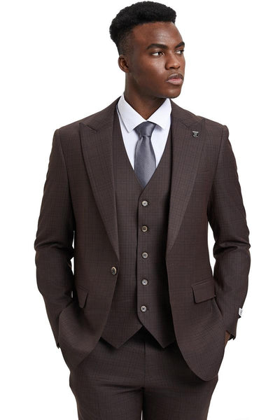 Men's Stacy Adams Vested One Button Wide Peak Lapel Windowpane Plaid Suit in Brown 1 SM161H1-65-38R  - from alligatorwarehouse.com