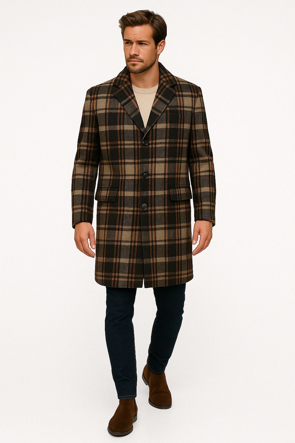 Mens Plaid Wool Overcoat – Khaki and Brown and Cream Check Pattern Winter Coat