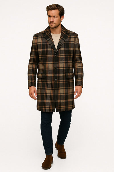 Mens Plaid Wool Overcoat – Khaki and Brown and Cream Check Pattern Winter Coat 1   - from alligatorwarehouse.com