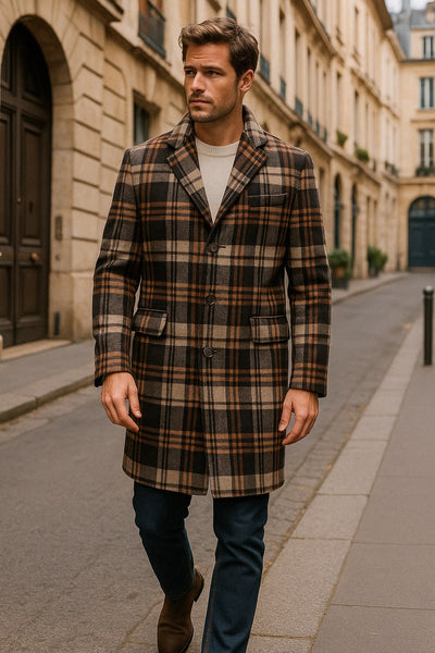 Mens Plaid Wool Overcoat – Khaki and Brown and Cream Check Pattern Winter Coat 3   - from alligatorwarehouse.com