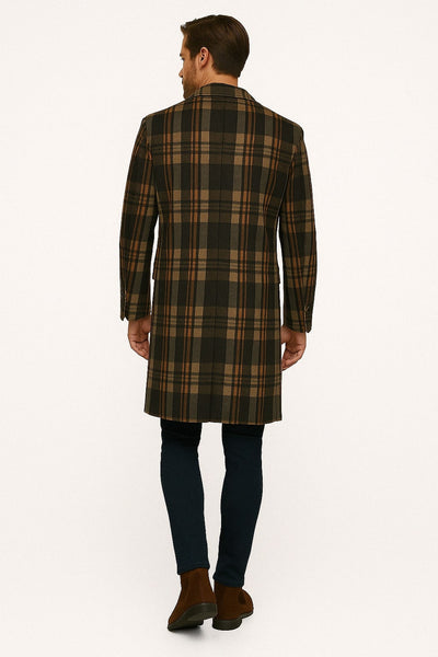 Mens Plaid Wool Overcoat – Khaki and Brown and Cream Check Pattern Winter Coat 2   - from alligatorwarehouse.com