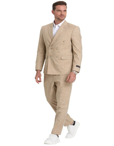 Mens Khaki Color Tuxedo - Mens Slim Fit Double Breasted Khaki Pinstripe Summer Suit 2   - from alligatorwarehouse.com
