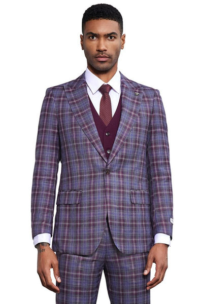 Men's Stacy Adams Bold Windowpane Plaid Print Vested Suit in Lavender & Purple 1 SM177H1-25-38R  - from alligatorwarehouse.com